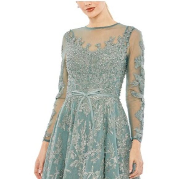 Mac Duggal Size 6 Embellished Bow Belt Illusion Long Sleeve A Line Dress in Jade - Picture 4 of 5